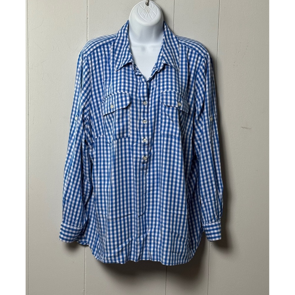 Talbots Woman's Blue Gingham Check Roll Tab Sleeve Button Front Blouse Top Sz 1X